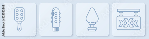 Set line Spanking paddle, Anal plug, Dildo vibrator and Sex shop. White square button. Vector