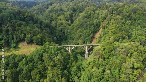 Old miners' railway bridge in the mountains and forests. Tkuarchal, Akarmara, Abkhazia, Georgia photo