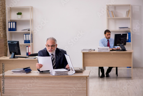 Old male boss and young employee working in the office