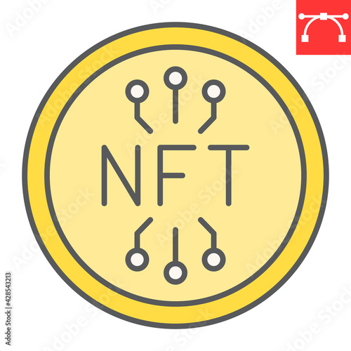NFT coin color line icon, unique token and blockchain, non fungible token vector icon, vector graphics, editable stroke filled outline sign, eps 10.