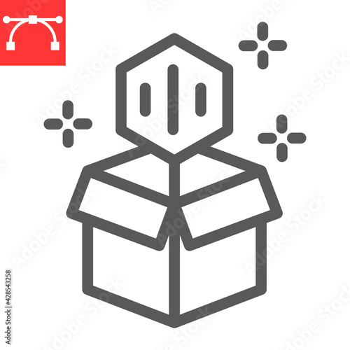 Open cardboard box with NFT line icon, unique token and blockchain, non fungible token vector icon, vector graphics, editable stroke outline sign, eps 10.