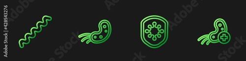 Set line Shield protecting from virus, Virus, and Positive. Gradient color icons. Vector