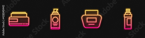 Set line Cream or lotion cosmetic tube, , Spray can for hairspray and Perfume. Glowing neon icon. Vector