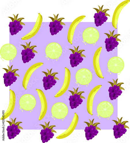 illustration pattern banana blackberry lime mix on a purple background