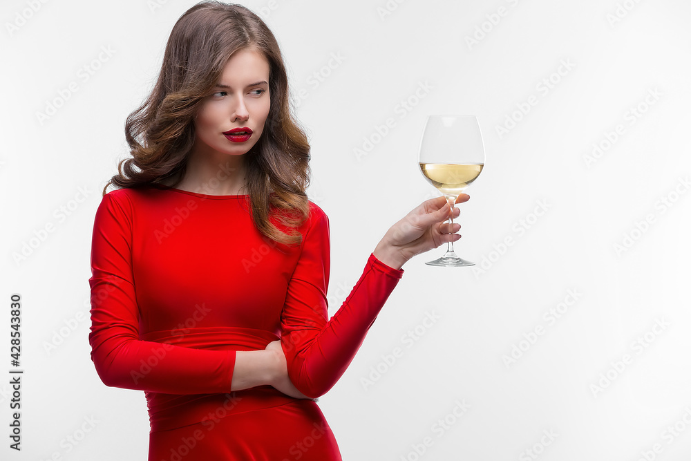 Beautiful woman holding glass of wine onwhite background Beautiful woman holding glass of wine onwhite background