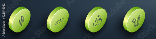 Set Isometric Grilled shish kebab, Bread loaf, Apple and Cocktail icon. Vector