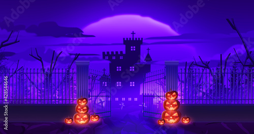 Group of halloween lantern pumpinks decorate on open gate of tomb which background silhouette castle on violet theme on dark night which have big moon, illustration picture.  photo