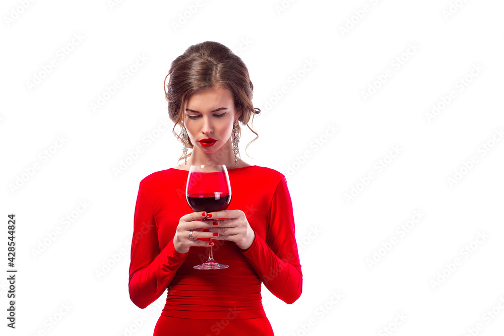 Beautiful woman holding glass of wine onwhite background Beautiful woman holding glass of wine onwhite background