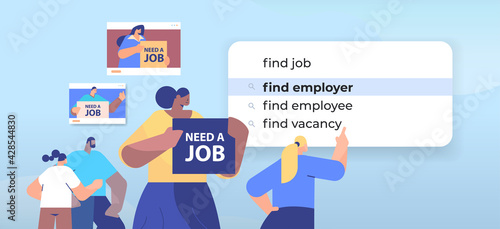 mix race businesspeople choosing find employeer in search bar on virtual screen human resources recruitment hiring