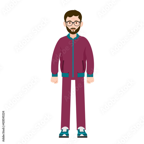 A man in a tracksuit. Guy in sports clothes. Vector image of a person in sportswear for animation. All the details are on separate layers with names. Editable strokes. 