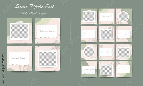 Social media feed post template in grid puzzle style with organic shape background