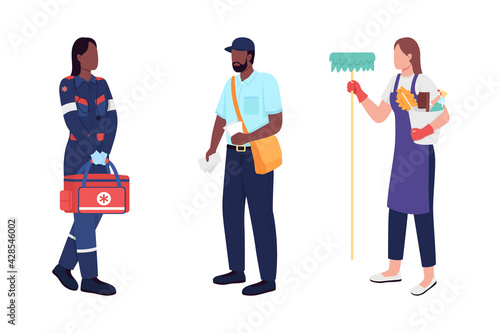 Key workers flat color vector faceless character set. Paramedic, postman and janitor. Public service employees isolated cartoon illustration for web graphic design and animation collection