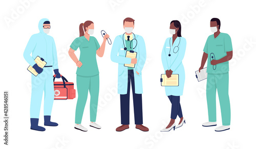 Healthcare workers flat color vector faceless character set. Medical service staff. Doctor in medical mask. Essential work isolated cartoon illustration for web graphic design and animation collection