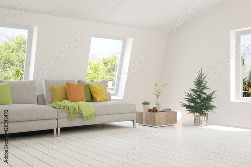 Minimalist living room in white color with sofa and summer landscape in window. Scandinavian interior design. 3D illustration