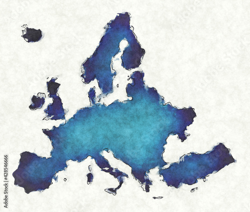 Europe map with drawn lines and blue watercolor illustration