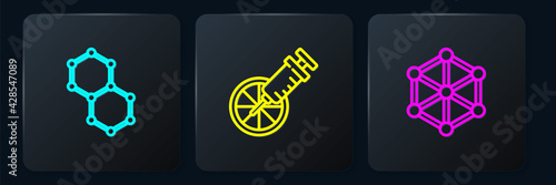 Set line Chemical formula, GMO and Genetically modified orange. Black square button. Vector