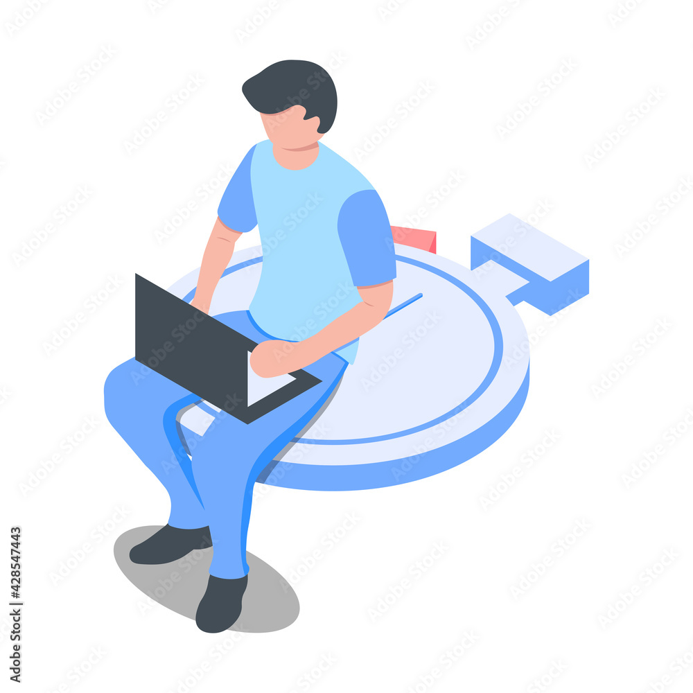 A man with a laptop sits on a stopwatch. Deadline concept. Isometric vector illustration. Isolated on white background A man with a laptop sits on a stopwatch. Deadline concept. Isometric vector illustration. Isolated on white background