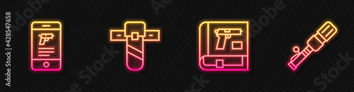 Set line Book with pistol or gun, Shop weapon in mobile app, Knife holster and Anti-tank hand grenade. Glowing neon icon. Vector