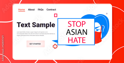 stop asian hate woman in mask protesting against racism support people during coronavirus pandemic concept