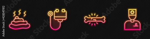 Set line Bone pain, Shit, Stethoscope and Male doctor. Glowing neon icon. Vector