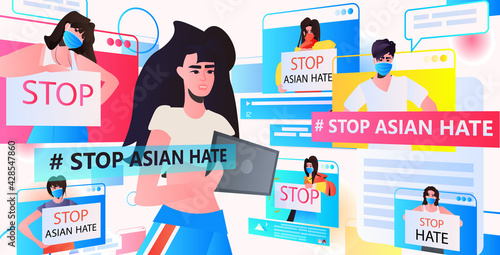 stop asian hate activists in masks protesting against racism in web browser windows support people during coronavirus