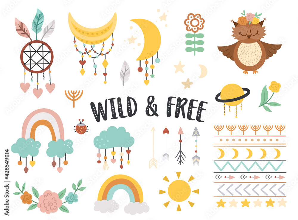 Vector wild and free elements collection. Bohemian illustrations set. Half moon, planet, dream catcher, flowers, arrows, owl isolated on white background. Baby boho icons pack with cute characters..