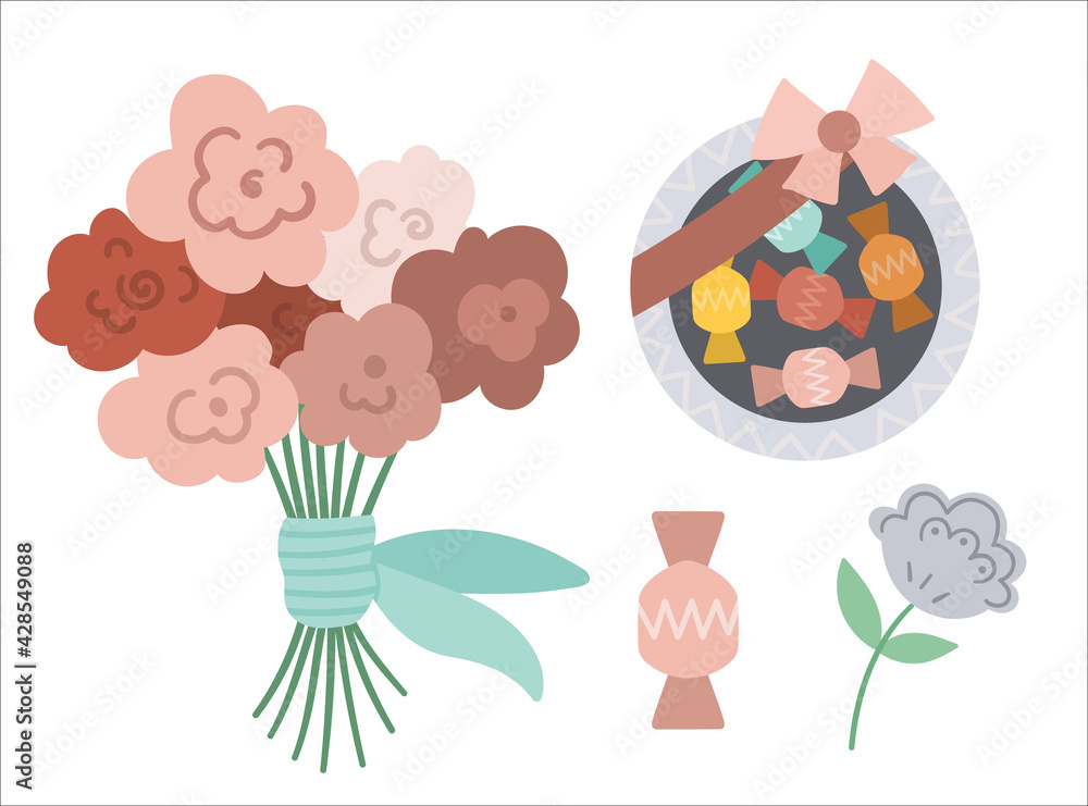 Fototapeta premium Vector gift set. Outline candy box, flower arrangement collection. Sweet present illustration. Holiday pack isolated on white background.
