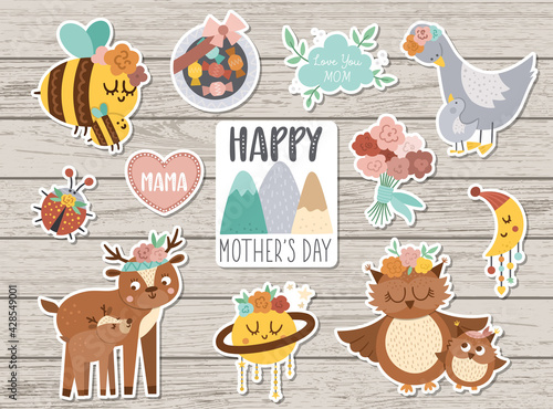 Vector set of Mothers day stickers. Collection of cute characters and objects with family love concept. Funny baby and mother animals, flowers, sweets on wooden background. Holiday patches pack.