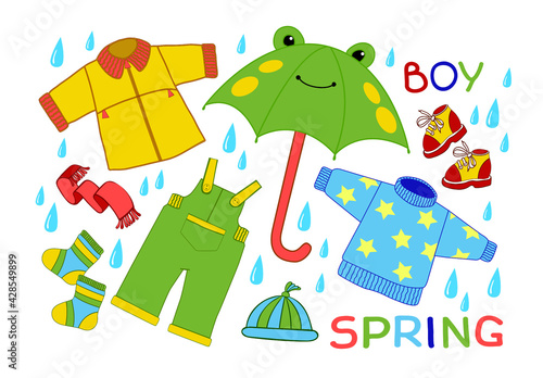 Vector set of elements of children's clothing. Spring rain. Boy.