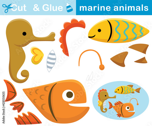 Funny marine animals, sea horse, fish, angler fish. Education paper game for children. Cutout and gluing. Vector cartoon illustration