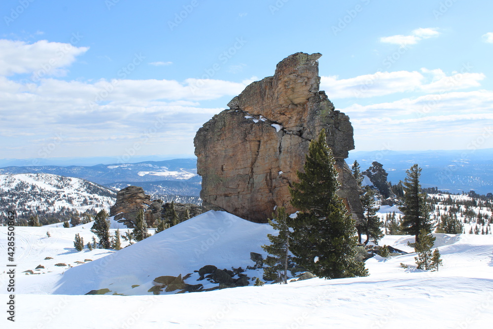 Camel rocks on top of a mountain in Sheregesh in winter against a background of clear sky and white snow