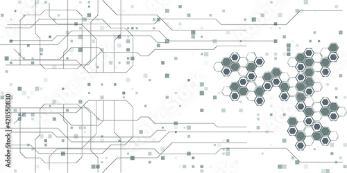 Futuristic black and white digital element circuit tech and hexagon network hi tech modern technology background.Future tech concept.Vector illustrations.