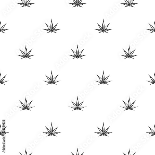 Seamless ornament with black hemp or cannabis leaf on white background.