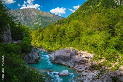 Fototapeta Naklejka Na Ścianę i Meble -  Majestic Soca river in the deep canyon near Kobarid, Slovenia