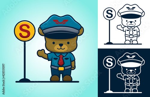 Cute bear wearing traffic cop uniform standing beside a traffic sign. Vector cartoon illustration in flat icon style