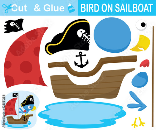 Cute bird wearing pirate hat on sailboat. Education paper game for children. Cutout and gluing. Vector cartoon illustration