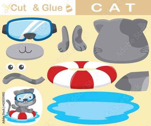 Funny cat wearing diving glass swimming with lifebuoy. Education paper game for children. Cutout and gluing. Vector cartoon illustration