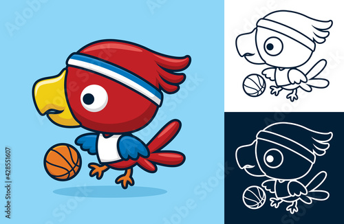 Cute bird playing basketball. Vector cartoon illustration in flat icon style