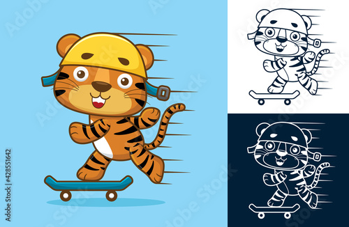 Cute tiger wearing helmet playing skateboard. Vector cartoon illustration in flat icon style