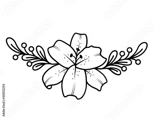 Lily outline vector illustration. Black and white drawing for the design of presentations  invitations  wedding decor.