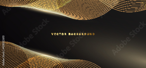 Abstract template shiny gold waves lines with light effect on black background Luxury concept.