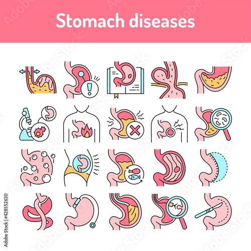 Stomach diseases line icons set. Isolated vector element.