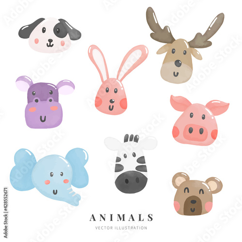 Watercolor animals character set. Cute cartoon animals. Cartoon and doodle characters. Vector illustration.