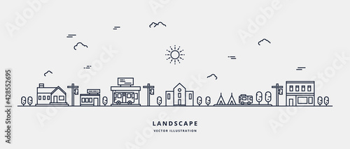 Vector landscape with houses, building, tree, sky. Suburban landscape. Flat line art design vector.