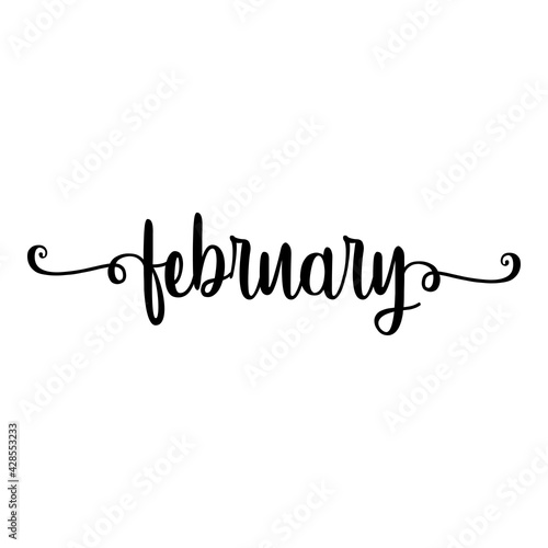 Banner con texto manuscrito february escrito a mano con florituras en color negro
