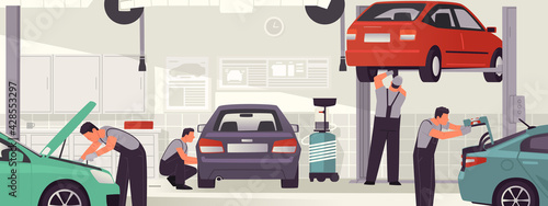 Car service and repair. Auto workshop interior, mechanics men service vehicles. Vector illustration