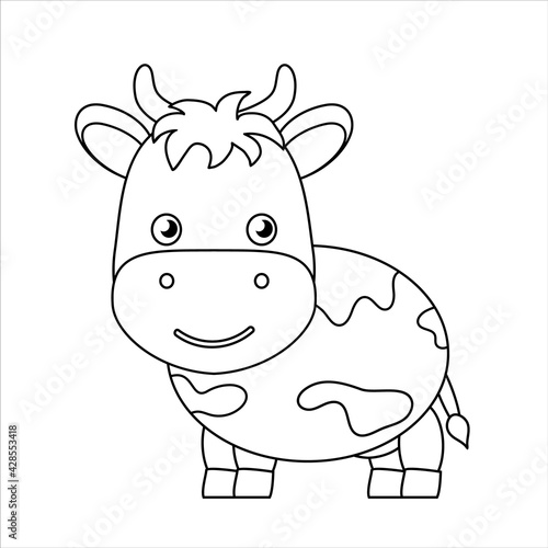 Outline cute cartoon cow. Coloring book for children. Drawing worksheet for children. Funny kids print for kids. Vector illustration.