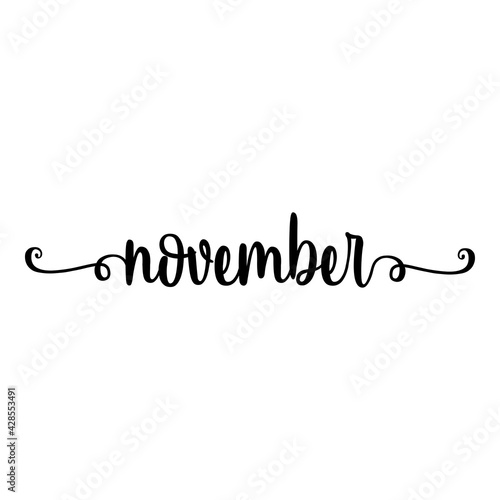 Banner con texto manuscrito november escrito a mano con florituras en color negro