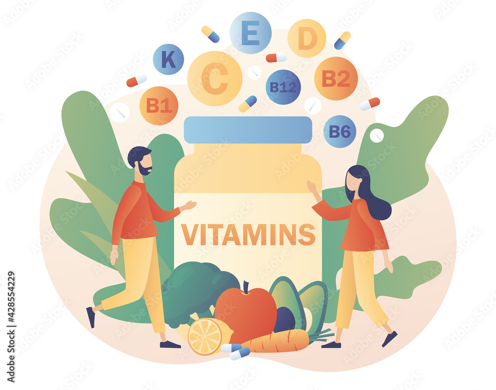 Vecteur Stock Vitamins complex. Healthy lifestyle. Tiny people and jar