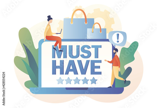 Must have - text on laptop screen. Online shopping. Tiny people buy most necessary things. Advertising and E-commerce concept. Modern flat cartoon style. Vector illustration on white background
